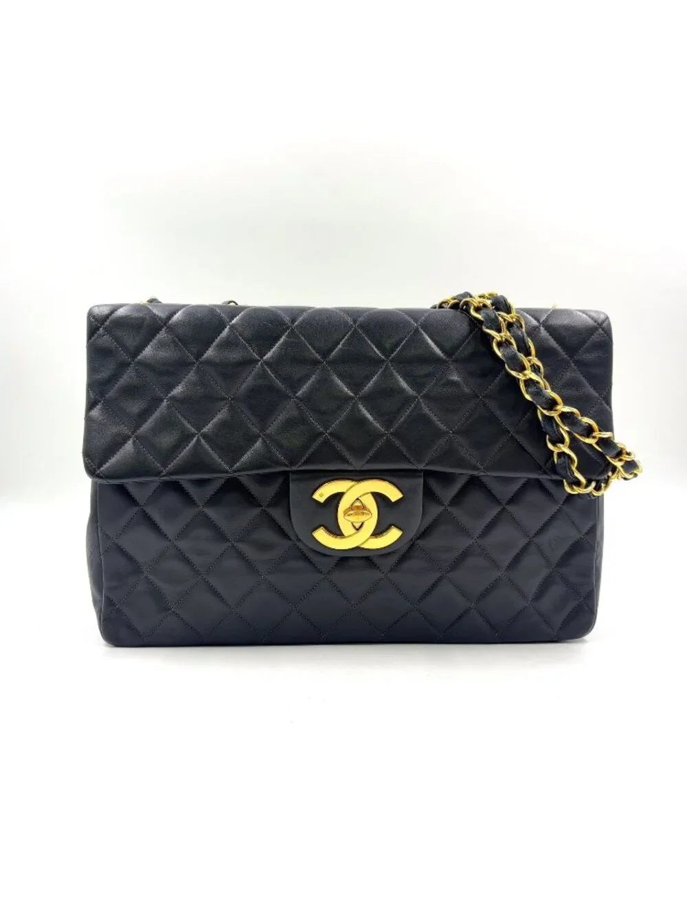 Chanel Maxi Quilted 34 Lambskin Black Chain Shoulder Bag Gold